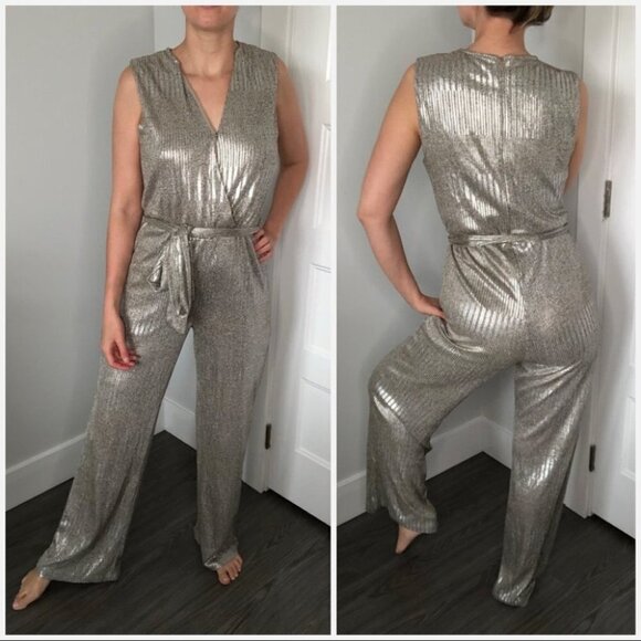 BISHOP+YOUNG The Aspen Metallic Wide Leg V-neck Jumpsuit Romper 1 Piece Size XS - Picture 2 of 11
